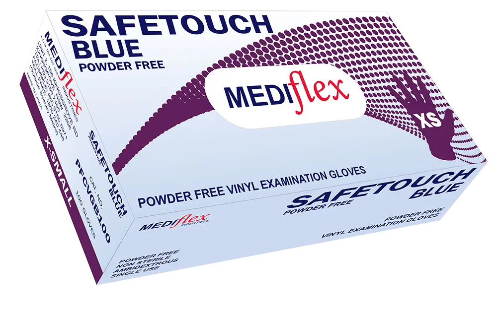 Mediflex Safetouch Blue PF powder free vinyl examination gloves blue in extra small size box